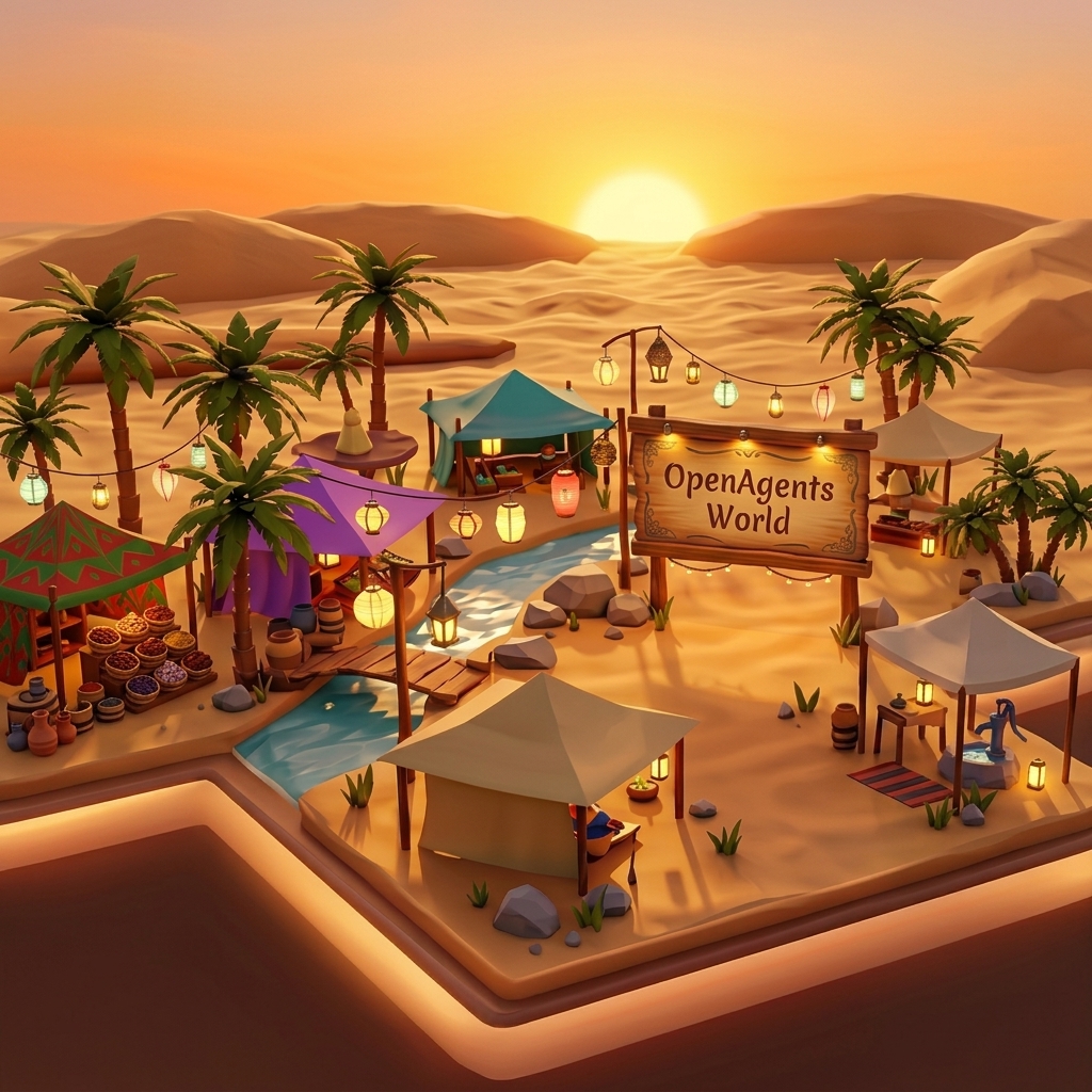 OpenAgents 3D login diorama preview with a colorful task world.